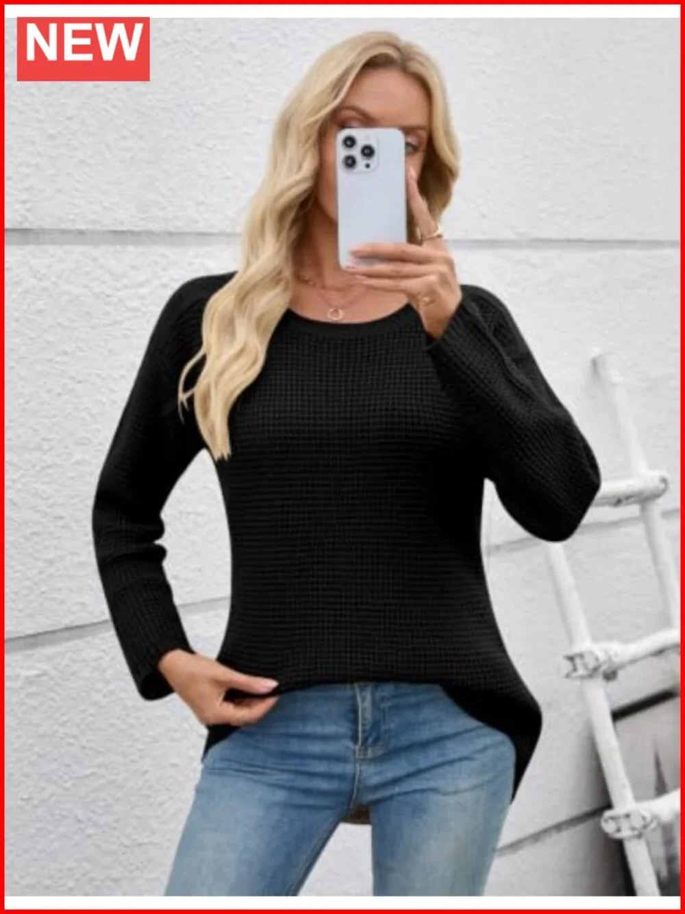 Waffle Knit Womens Sweater Long Sleeve Crew Neck Loose Pullover